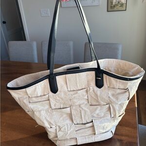 Universal Thread Large Canvas Tote Bag Cream with Faux Black Leather Straps